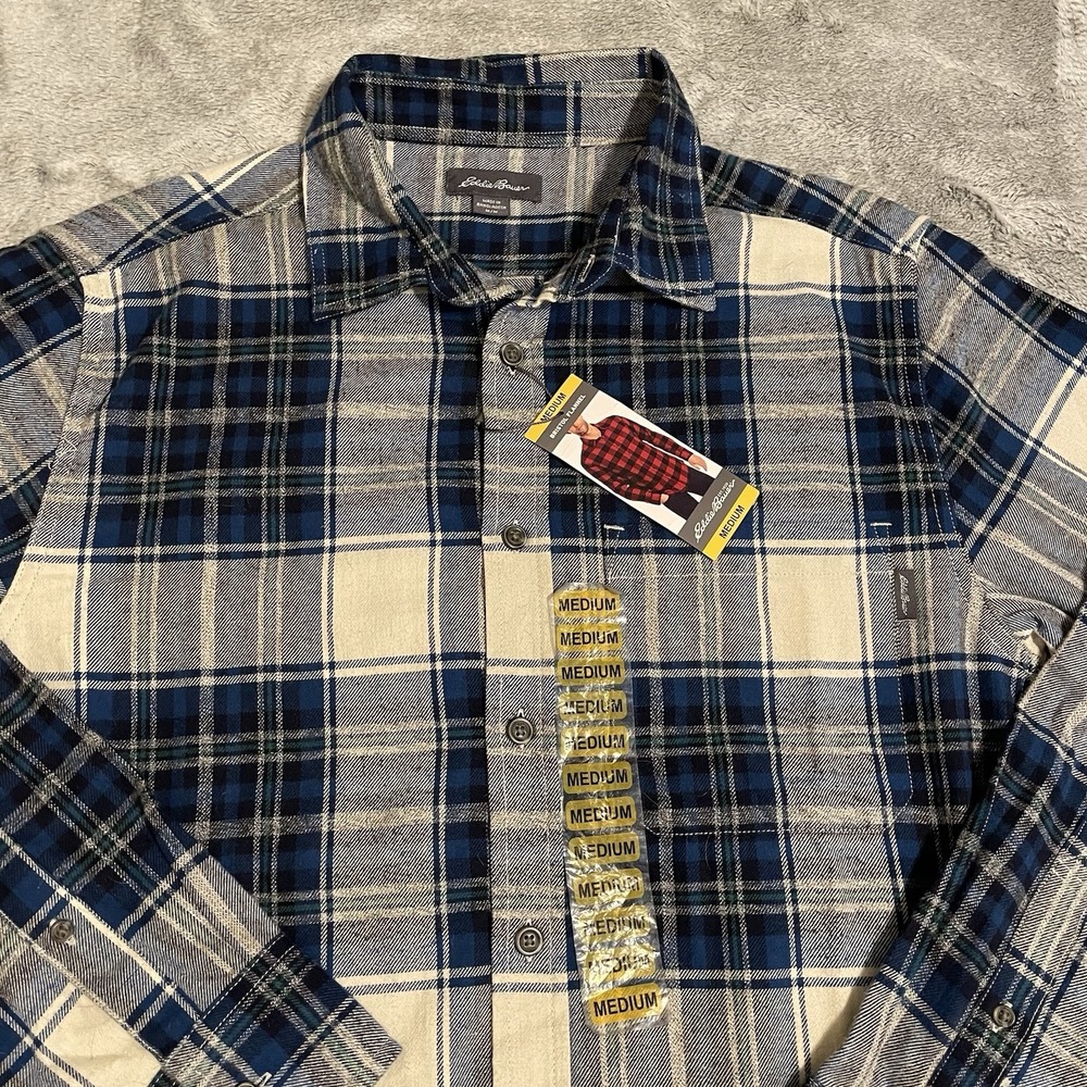 Eddie Bauer Men's LS Bristol Cotton Flannel Shirt Blue Plaid Size Medium NWT